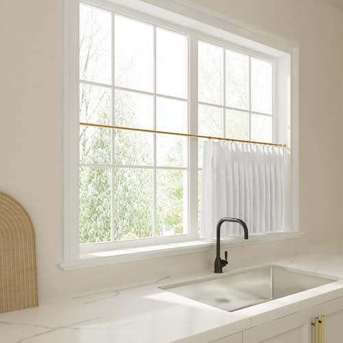 Image of TWOPAGES 26 inch inch W x 18 inch inch L Linen Blend Cafe Curtains for Kitchen Window, Light Filtering Pinch Pleated Tier Curtains, Modern Farmhouse Half Window Curtains for Small Window, Snow White, 2 Panels