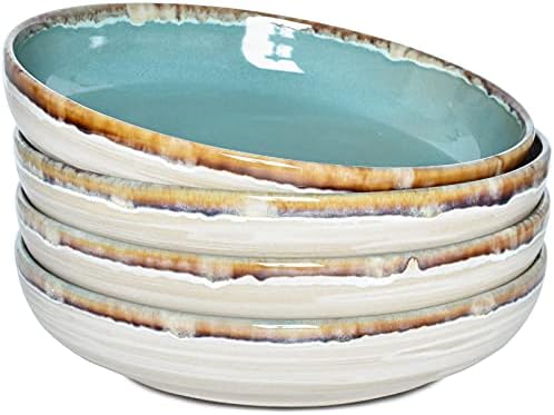 Bosmarlin Stoneware Large Pasta Bowls, 40 Oz, Set of 4, Big Salad Bowls, Microwave and Dishwasher Safe (Turquoise Green, 9.3 in)