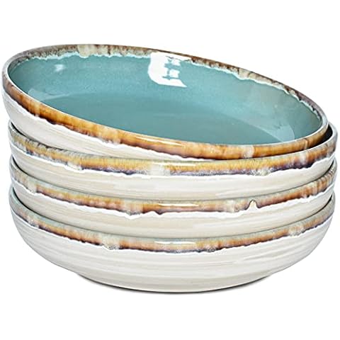 Bosmarlin Stoneware Large Pasta Bowls, 40 Oz, Set of 4, Big Salad Bowls, Microwave and Dishwasher Safe (Turquoise Green, 9.3 in) Cover