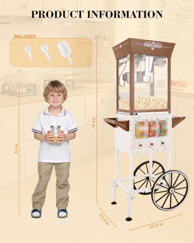 Image of 12 Oz Popcorn Machine with Candy Dispenser for Home Party Office | White, Stainless-Steel, Vintage Commercial Popcorn Maker with Storage Cabinet, Movie Theater Style, Makes Up to 32 Cups