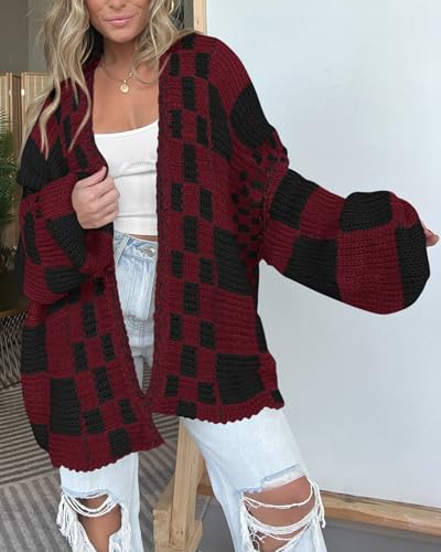 Image of BTFBM Casual Cardigan Sweater for Women Fall 2026 Long Sleeve Open Front Chunky Knit Sweaters Checkered Outwear Coat