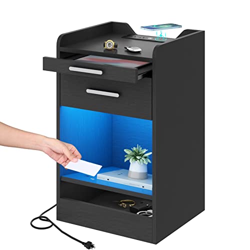 Gyfimoie Led Nightstand With Wireless Charging Station, Modern Bedroom End Side Table With Rfid Lock Cabinet And Power Outlets, Sofa Bedside Table With Hidden Compartment For Valuables Storage, Black #TOP6