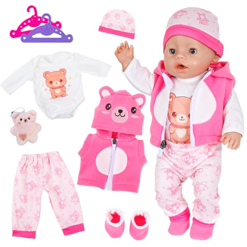 8 Pcs Sweet Doll Clothes for 14-18 Inch Baby Dolls, 35-45cm Pink Bear Baby Doll Outfits with Onesie Trousers Hat Hooded vest Shoes Teddy bear 2 Hangers, Baby Doll Accessories for Kids Birthday