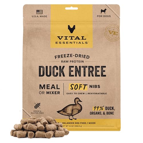 Image of Vital Essentials Freeze Dried Dog Food, Duck Nibs, 14 oz Bag | Soft, Complete Meal or Topper, Made With 99% Duck, Organs & Bone, High Protein Raw Nutrition, Grain-Free Recipe