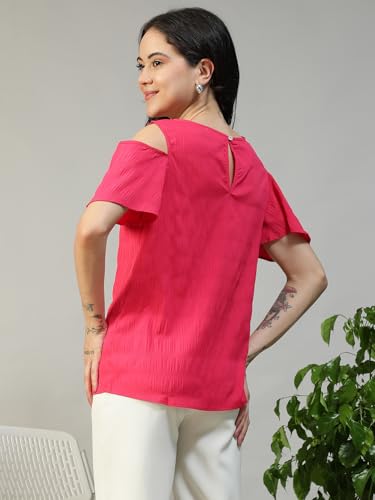 Image of oxolloxo Women Solid V-Neck Short Sleeve Cold Shoulder Yarn-Dyed Dobby Top