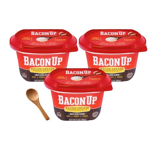 Image of Bacon Up Bacon Grease for Cooking - 14 Ounce, Pack of 3 - with Spoon - Rendered Cooking Fat for Fry, Grill and Bake