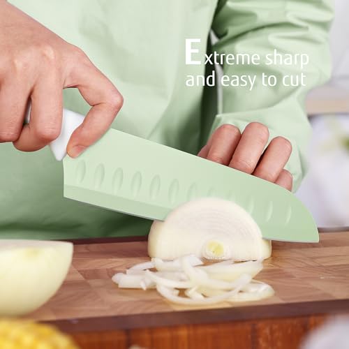 hecef 15-Piece Kitchen Knife Set with Self-Sharpening Wooden Block – High Carbon Stainless Steel, Green Non-Stick Coating Blade, Includes Steak Knives & Scissors - Image 7