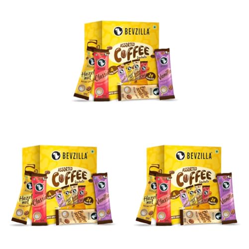 Image of Bevzilla 24 Assorted Instant Coffee Sachets | 24x2Gm Pouches | Arabica Coffee | 4 Flavours: Butterscotch, Classic, Vanilla, Hazelnut | Perfact for Espresso, Latte & Cappucino (Pack of 3)