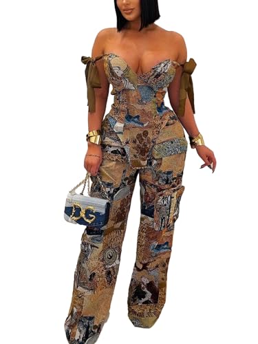 longlugoo Women‘s Sexy 2 piece Outfits for Women Tube Corset Top and Boho Print Cargo Pants Set with Multi-Pocketed
