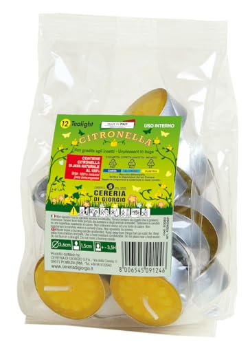 Cereria di Giorgio Confezione da 12 Tealight alla Citronella – Citronella di Java 100% Naturale – Anti Zanzare – Durata 3,5 Ore