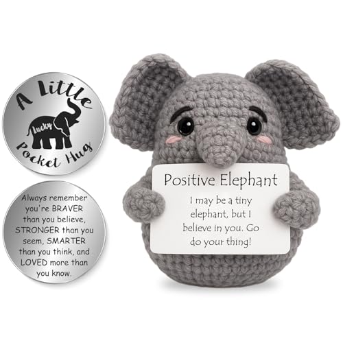 Tixlux Positive Elephant Gifts Handmade Crochet Positive Knitted Elephant with Pocket Hug Lucky Charm Good Luck | Emotional Support | Encouragement| Graduation | Birthday Gifts for Women Men