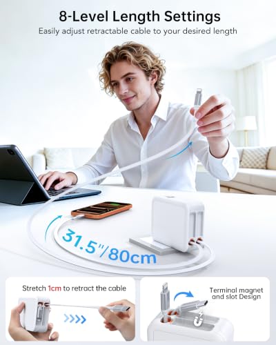 Image of Retractable Wall Charger,40W USB Charger Wall Plug with USBC & Apple Cable,4-in-1 Fast Charging Foldable Block Multi Charger,Travel Essentials Brick Multiport for iPhone 17 /16 /15,iPad,Galaxy,LG,Pixel