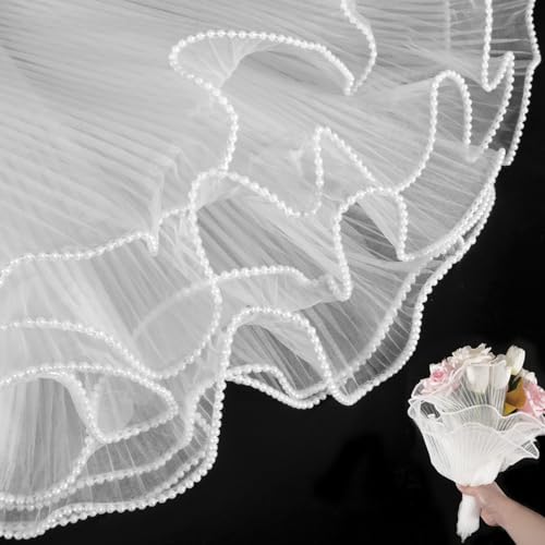PIKBIU 4.37 Yards White Pearl Edge Flower Wrapping Mesh Paper Bouquet Mesh Packaging Paper Wrinkled Translucent for Wedding Gift Packaging Florist Supplies