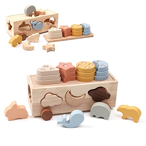 Image of Youuys Wooden Shape Sorter Car Toys for Toddlers 1-3 Years Old, Silicone Stacking Blocks Montessori Toys Learning Educational Toys Gifts for Preschool Baby Boys & Girls, (PMZ117804-1P)