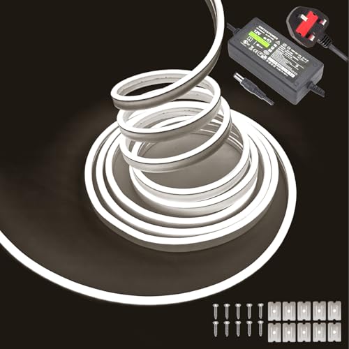 Gcidto Flexible 5M White Neon LED Strip Lights，12V DC 600 LEDs Waterproof SMD2835 for DIY Decor Lights for Parties, Bars, Bedrooms, Store Signs(Includes Power Adapter).