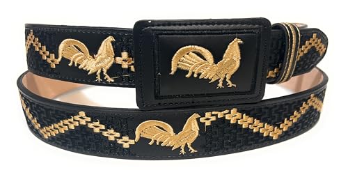 Men's Rooster Embroidered Western Leather Belt, Black and Gold Cinto Vaquero Bordado Con Gallo
