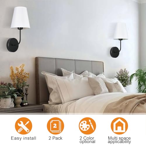 Image of Modern Hardwired Wall Sconce Set of 2 - Matte Black Finish with White Fabric Shades,Farmhouse Bedroom & Living Room Lighting, Hallway, Fireplace, Bathroom