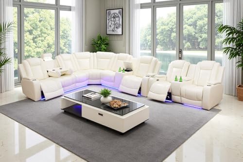 Image of Power Recliner Sectional Sofa Set, Living Room Furniture Sets, L-Shaped Recliner Sofa & Loveseat, Breathing Leather Sectional Reclining Couch with Cup Holders for Living Room
