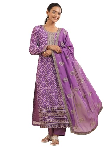 Image of Libas Lavender Printed Chinon Straight Kurta Set for Women Suit