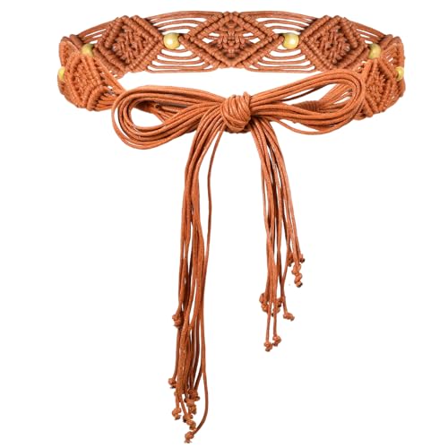 Boho Braided Belt for Women Fringe Tie Belt Vintage Hollow Brown Woven Waist Belts for Dresses