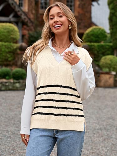 Glamaker Women Striped Sweater Vest Sleeveless V Neck Knit Oversized Casual Cap Sleeve Fall Tops 2025 Trendy4