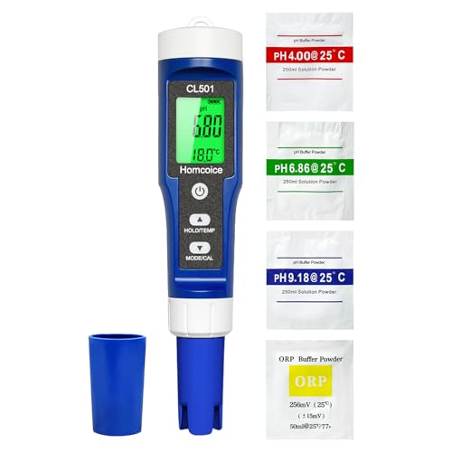 Homcoice Medidor pH Cloro Piscinas 5 en 1, pH Cloro ORP H₂ Temperatura Meter medición prápida y precisa, Tester Calidad Agua para agua potable, spa, acuario, hidroponía