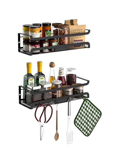 Couwilson Spice Rack Wall Mount with Hooks - Spice Racks Organizer for Cabinet Storage, Wall Mounted Hanging Shelf Seasoning Organizer, for Kitchen, Pantry Door, Bathroom (Black, 2 Pack)
