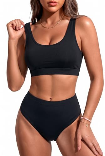 Image of Sporty Bikini Set Two Piece High Waisted Swimsuit Athletic Bathing Suit | Sporty,High Waisted Bottom,U-back,Removable Cups,Athletic,Quick Dry