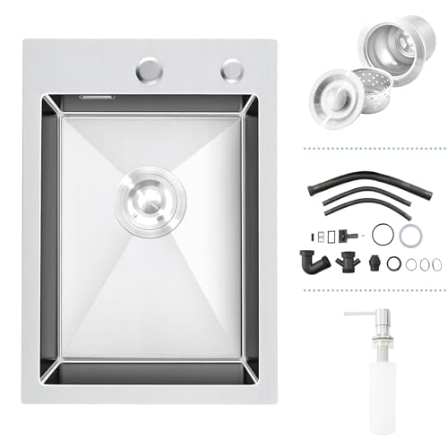 Fregadero Cocina 1 Seno, Fregadero Acero Inoxidable Cepillada 35 x 50 cm con Desbordamiento,Sifón, Dispensador de Jabón, Fregadero Pequeño con 2 Orificios para Grifo, Sobre Encimera o Enrasado