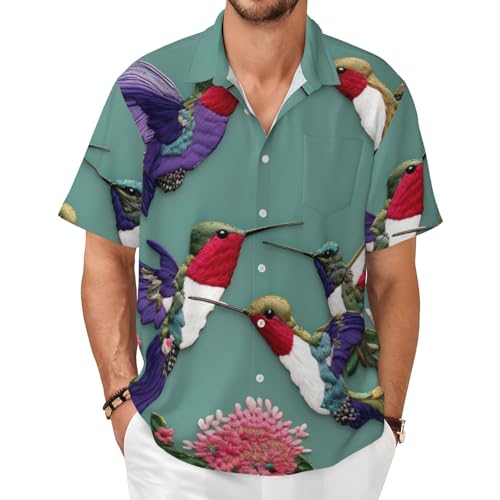 JBJGKHLP Camisas de manga corta con estampado de colibríes y flores para hombre, casual, verano, viajes, oficina, aventuras al aire libre, Negro, XL