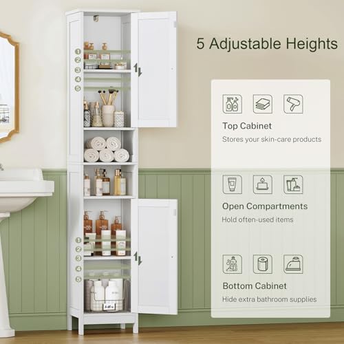 Image of TEENFON 67 inch Tall Bathroom Cabinet with Adjustable Shelves and Doors, Narrow Bathroom Storage Cabinet for Small Space, Living Room, Entryway, Kitchen, White