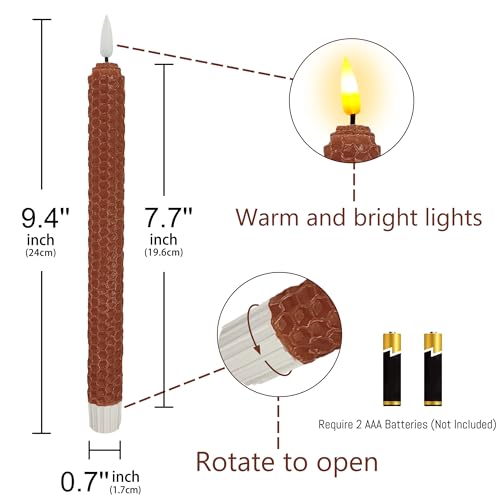 Image of Flameless LED Taper Candles with Remote & Timer - 9.5 inch Brown Hand Rolled Beeswax Honeycomb Candlesticks Flickering Battery Operated Window Candles for Wedding Mother's Day Home Decor,4 Pack