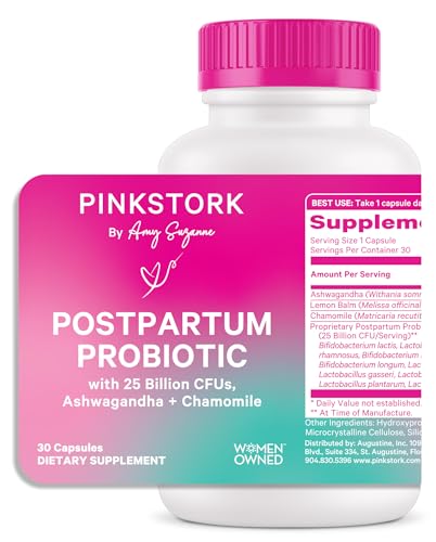 Image of Pink Stork Probiotics for Postnatal Women - 30 Billion CFUS with Ashwagandha and Chamomile, Postpartum Essentials for Hormone Balance, Mood Support, Gut Health, Digestive Wellness, 30 Capsules