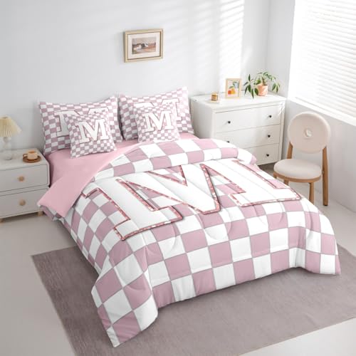 Image of Erosebridal Pink Initial M Queen Bed in A Bag 7 Piece Kawaii Plaid Checkered Comforter Set with Sheets Cute Personalized Monogram Bedding Sets for Kids Girls Teen Women,Fashion Grids Gingham Bed Set