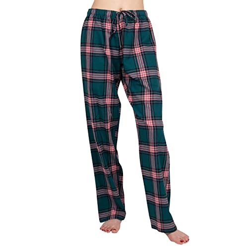 JTPW Women's 100% Cotton Super Soft Flannel Pajama/Lounge Bottoms with Pockets, Green Pink Plaid, Size: S