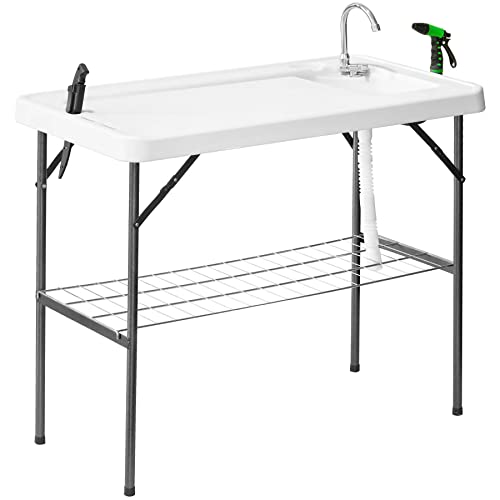 WANGMUXIA Folding Fish Cleaning Table with Sink Faucet Drainage Hose & Sprayer Outdoor Fish Fillet Cleaning Station with Grid Rack & Knife Groove for Picnic Fishing