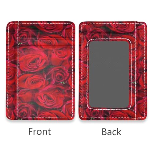 Front Pocket Minimalist Leather Slim Wallet Credit Card Holder Red Rose for Men & Women2