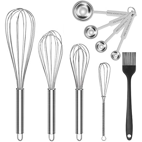 Gifort Balloon Whisk, 4 Pack Stainless Steel Wire Whisks Set with 4 Measuring Spoons, Non-Stick Manual Egg Beater Blender for Kitchen Baking Cooking, 7/8/10/12 Inch Cover