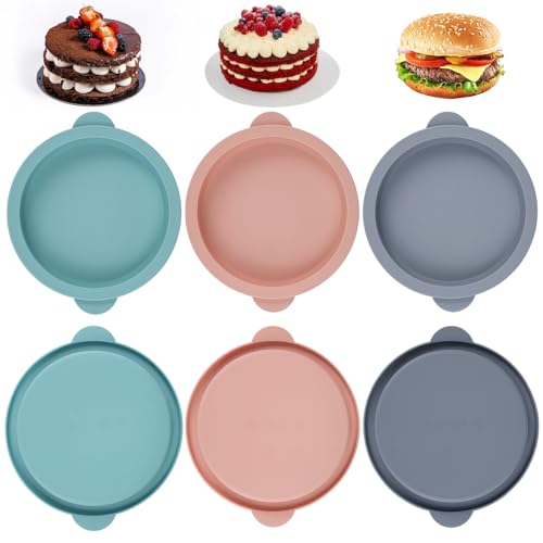 6 Piezas Molde Silicona Huevos Freidora de Aire, 10 cm Molde de Silicona Redondo, Polvo/Gris/Azul Molde Freidora para Huevos, Recipiente Air Fryer para Sándwiches de Huevo, Magdalenas y Tortitas