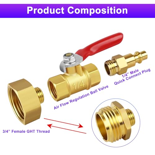 Image of RV Winterize Blowout Adapter with Ball Valve: Solid Brass air compressor with 1 /4 inch Quick Plug and 3 /4 inch Garden Water Hose for RV Camper Trailer and Boat