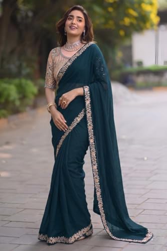 Image of Women's Designer Bollywood Soft Georgette Heavy Embroidery Sequins Work Sarees For Wedding With Blouse Piece