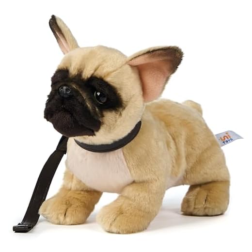 Uni-Toys - Bulldog francés (Beige) - con Correa - 26 cm (Longitud) - Perro de Peluche - Peluche