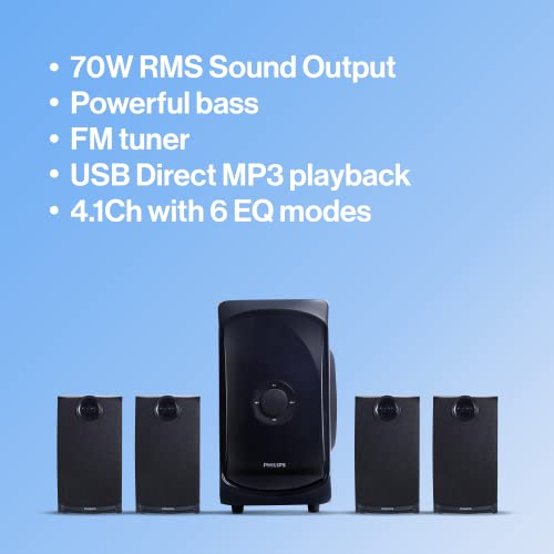 Image of PHILIPS Audio TAV7477 4.1 Channel 75W Bluetooth Multimedia Speaker System with 2x15W & 2x5W Satellite Speakers, Multi-Connectivity Option with Supporting USB, AUX, FM & Remote Control (Black)
