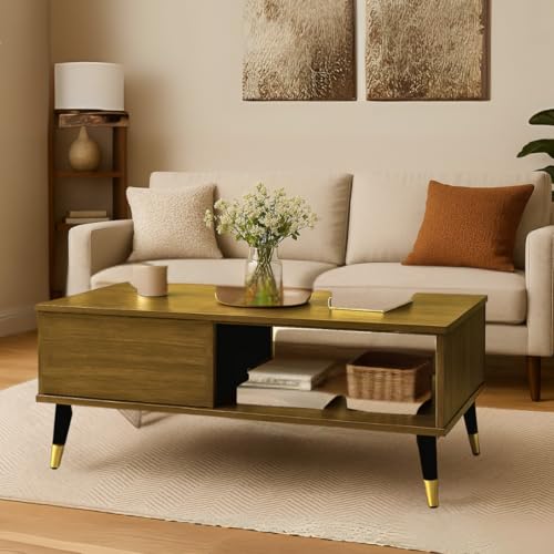 Image of MATTERHORN Noir Coffee Table - 1000x550x500 mm (LxBxH), Engineered Wood & Steel with Black & Gold Legs, Free Assembly, 1-Year Warranty - Modern Center Table for Living Room (Almond Beige Finish)