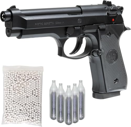 Pistola Softair Ber 92 Co2, potenza 0,9 joule Bundle Completo: Pistola a Pallini, 5 bombolette, 1000 Pallini 6mm - Airsoft, Pistole Softair, colore nero (BUNDLE HUMA 92 CO2)