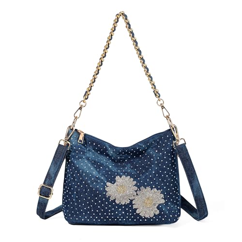Denim Handbags for Women Top Handle Jean Purses and Handbags Denim Purse with Rhinestones