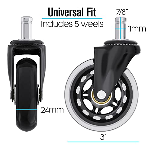 Houseables Office Chair Wheels, Rollerblade Casters, Roller Blade Wheel, 5 Pk, 3”, Rubber, Polyurethane, Rolling Chairs, Furniture Replacement Accessories, For Gaming, Desk, Hardwood Floors, Carpet #TOP1