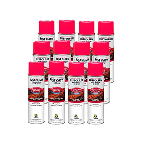 Image of Rust-Oleum Construction Marking Spray Paint, Water-Based, Fluorescent Pink | M1400 System, 17oz. Construction & survey marking; fast-dry inverted spray for pavement, soil, turf & utilities. Pack of 12.