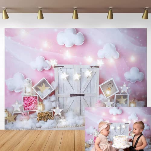 Sweet Pink And White Cloud Photo Studio Backdrop Girl First Birthday Baby Shower Party Decorations Twinkle Twinkle Little Stars Portrait Photography Background For Cake Smash,7X5Ft #TOP2