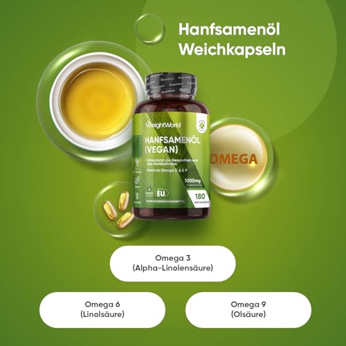 Hanföl Vegan Softgels - 1000 mg Kaltgepresste Hanfsamenöl - Reich an Omega 3, 6 & 9-1 Weichkapsel täglich - 180 Weichkapseln - 6 Monate Vorrat - Hemp Seed Oil von WeightWorld